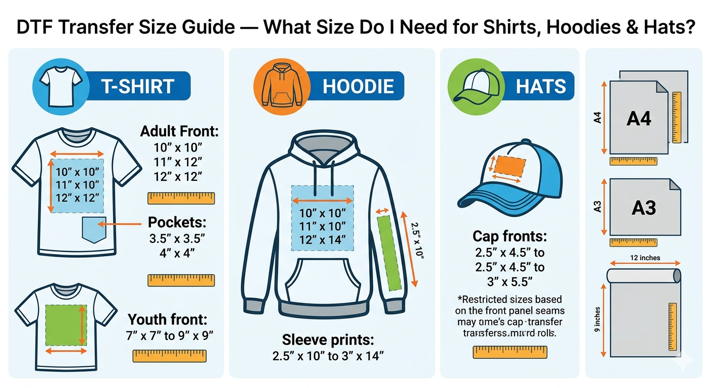 DTF Transfer Size Guide — What Size Do I Need for Shirts, Hoodies & Hats?