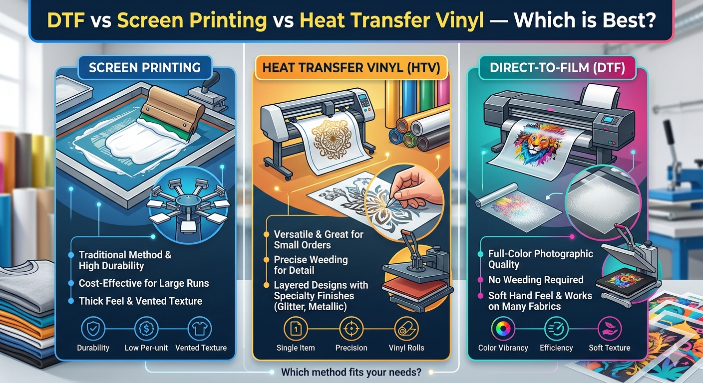 DTF vs Screen Printing vs Heat Transfer Vinyl — Which is Best?
